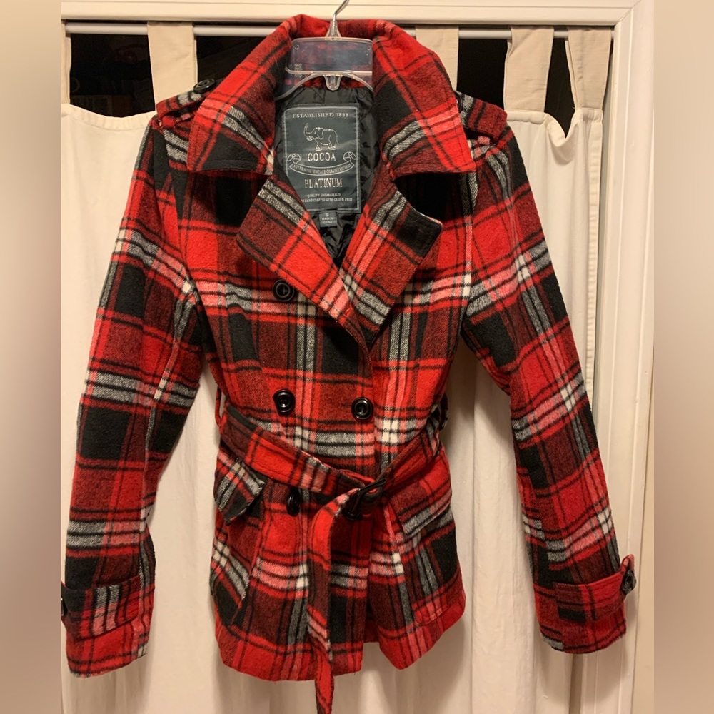 Cocoa Platinum Red Plaid Belted Double breasted Pea Coat size Small